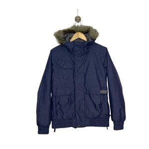 Burton Women's Da Nang Dryride Fur Trim Hooded Winter Bomber Jacket Blue Medium